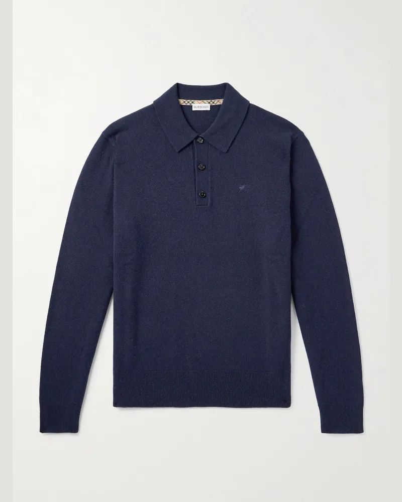 Burberry Schmal geschnittener Pullover aus Kaschmir mit Polokragen und Logostickerei Blau
