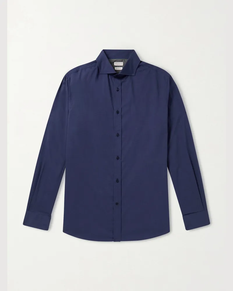Brunello Cucinelli Cutaway-Collar Cotton Shirt Blue