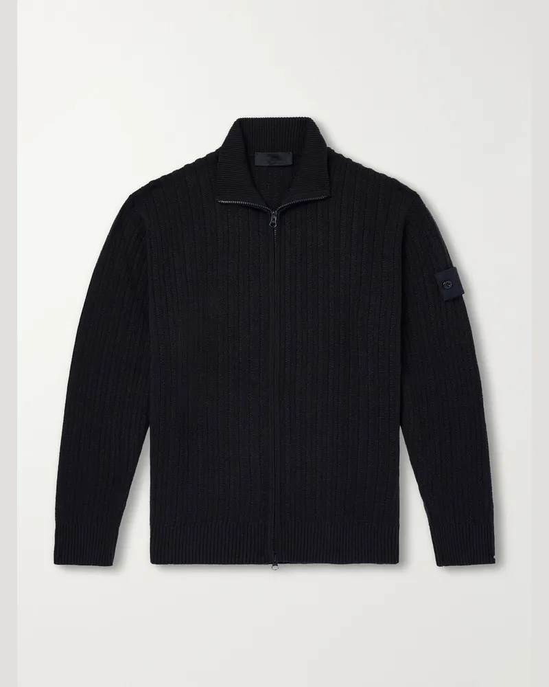 Stone Island GHOST Ribbed Wool and Cashmere-Blend Zip-Up Cardigan Blue