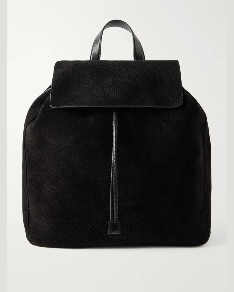 Tom Ford T Line Leather-Trimmed Perforated Suede Backpack Black