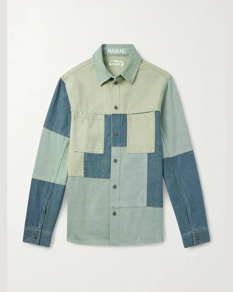 MANAAKI Jeanshemd in Patchwork-Optik Grün