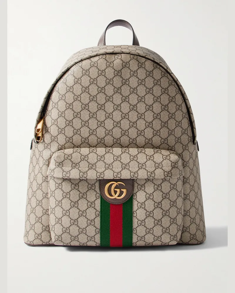 Gucci Ophidia Medium Leather-Trimmed Monogrammed Coated-Canvas Backpack Neutrals