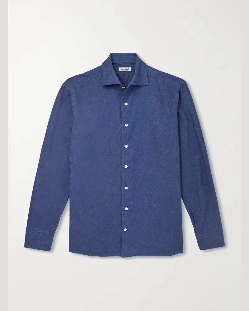De Petrillo Cutaway-Collar Brushed Cotton-Twill Shirt Blue
