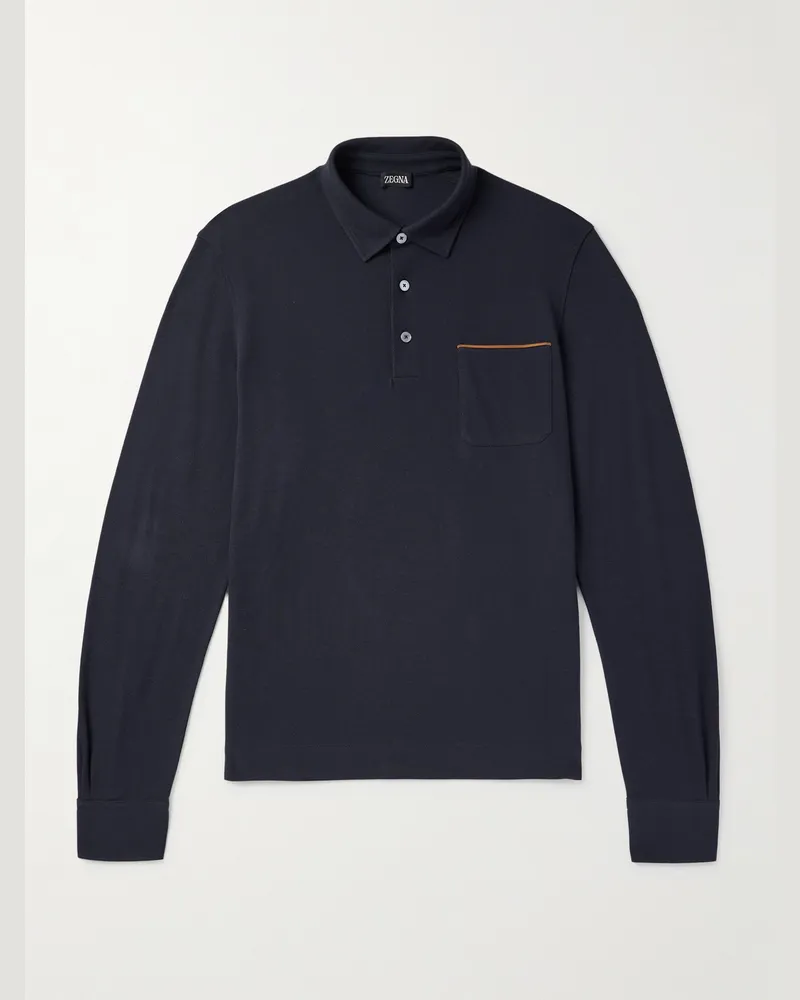 Ermenegildo Zegna Schmal geschnittener Pullover aus Baumwoll-Piqué mit Velourslederbesatz und Polokragen Blau