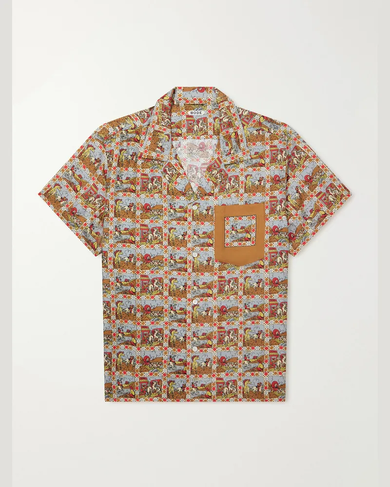 BODE Cowboy Comic Camp-Collar Printed Silk-Satin Shirt Brown