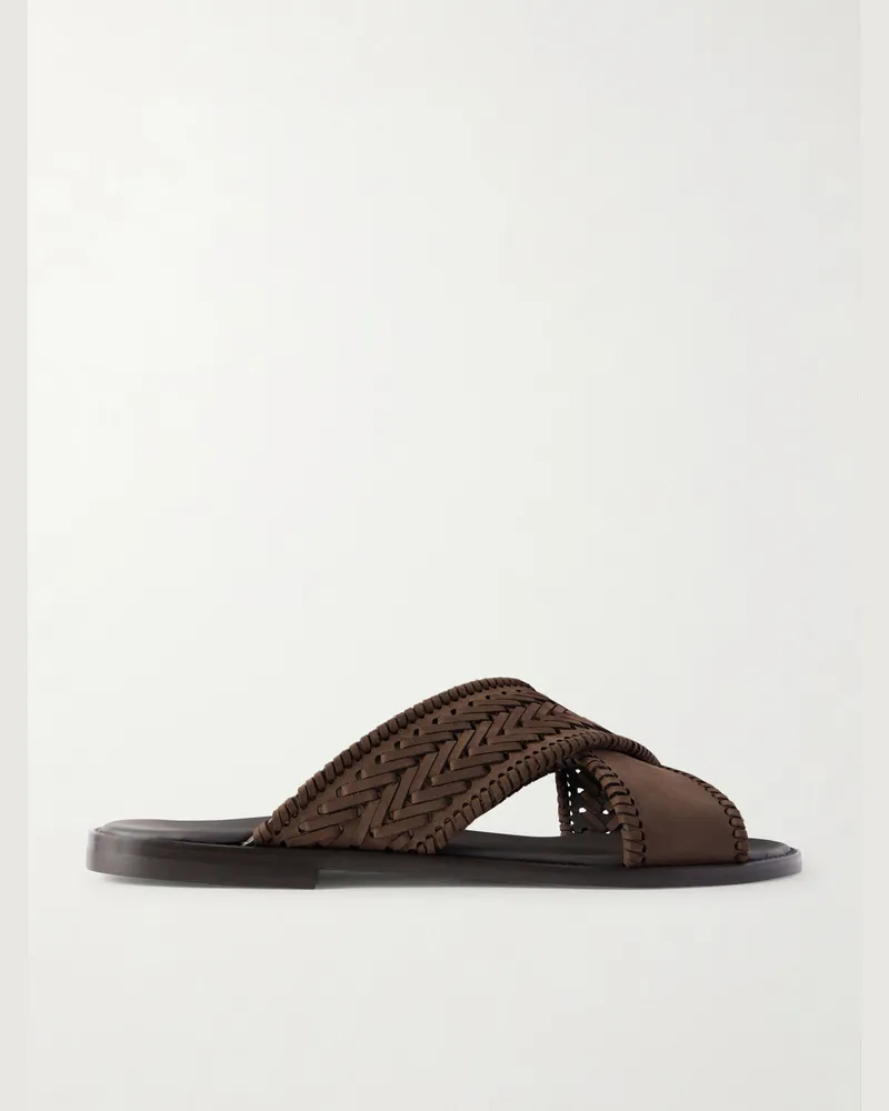 Manolo Blahnik Tex Nubuck-Trimmed Leather Sandals Brown