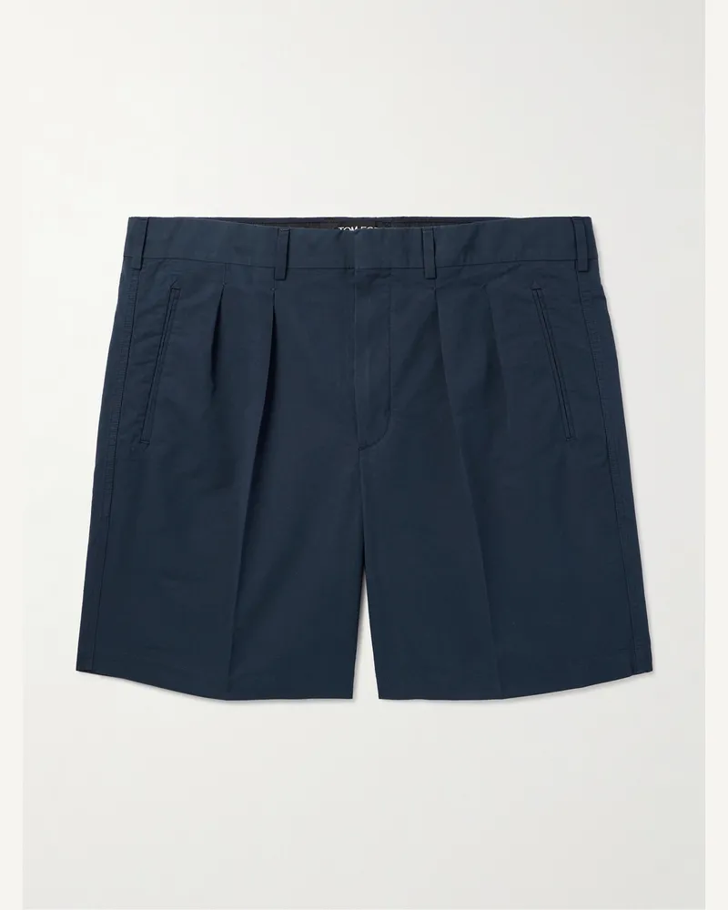 Tom Ford Gerade geschnittene Shorts aus Popeline aus einer Baumwoll-Seidenmischung mit Falten Blau