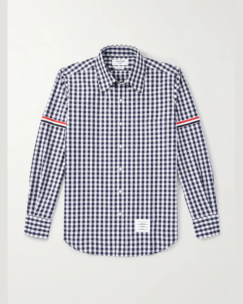Thom Browne Hemd aus Baumwollpopeline mit Gingham-Karo, Button-Down-Kragen, Logoapplikation und Webband Blau