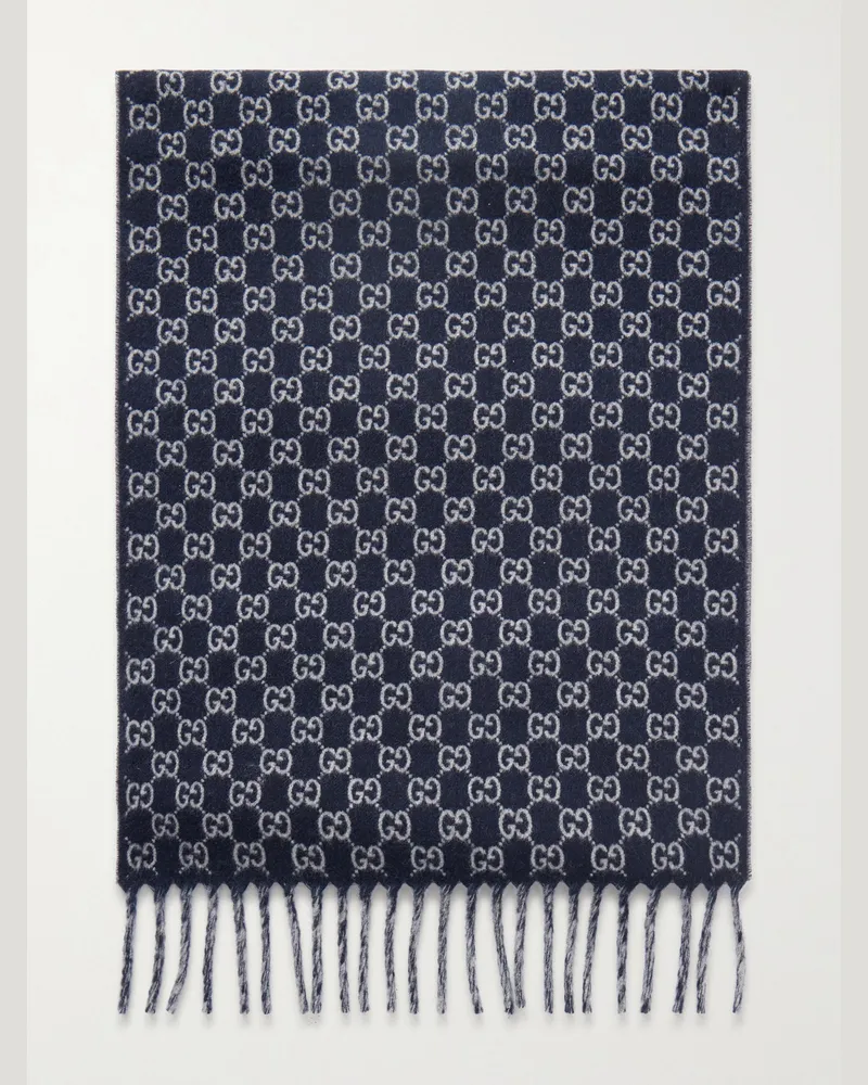 Gucci Schal aus Jacquard-Strick aus einer Woll-Kaschmirmischung mit Logomuster Blau