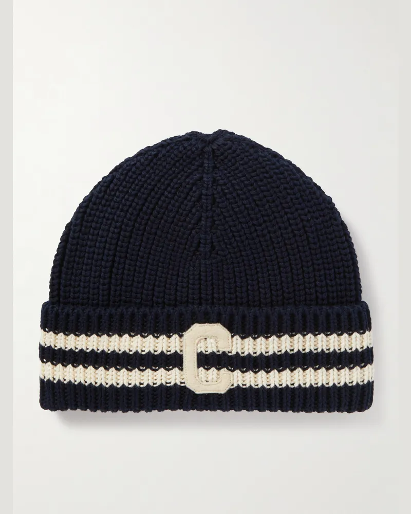 Celine Logo-Appliquéd Striped Ribbed Cotton Beanie Blue