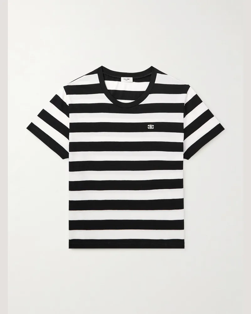 Celine Verkürztes T-Shirt aus gestreiftem Baumwoll-Jersey mit Logostickerei Schwarz