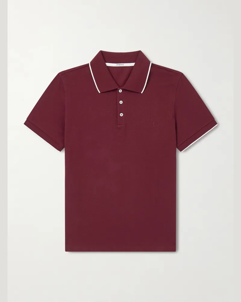Saint Laurent Schmal geschnittenes Polohemd aus Baumwoll-Piqué mit Logostickerei Burgunder