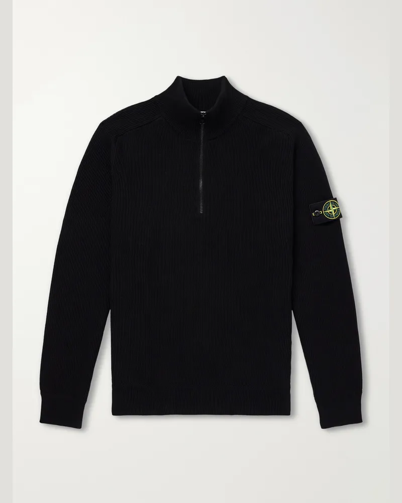 Stone Island Ribbed Cotton Zip-Up Sweater Black
