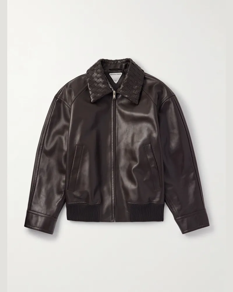 Bottega Veneta Intrecciato-Trimmed Leather Blouson Jacket Brown