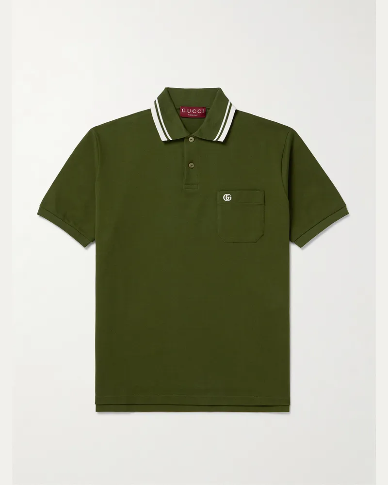 Gucci Lido Logo-Embroidered Stretch-Cotton Piqué Polo Shirt Green