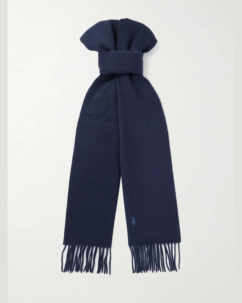 Ralph Lauren Fringed Logo-Embroidered Cashmere Scarf Blue