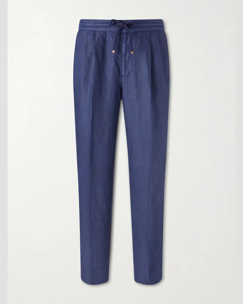 Brunello Cucinelli Tapered Pleated Linen-Twill Drawstring Trousers Blue