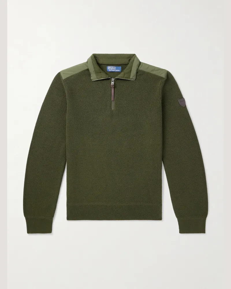 Ralph Lauren Padded Quilted Shell-Trimmed Wool Half-Zip Sweater Green