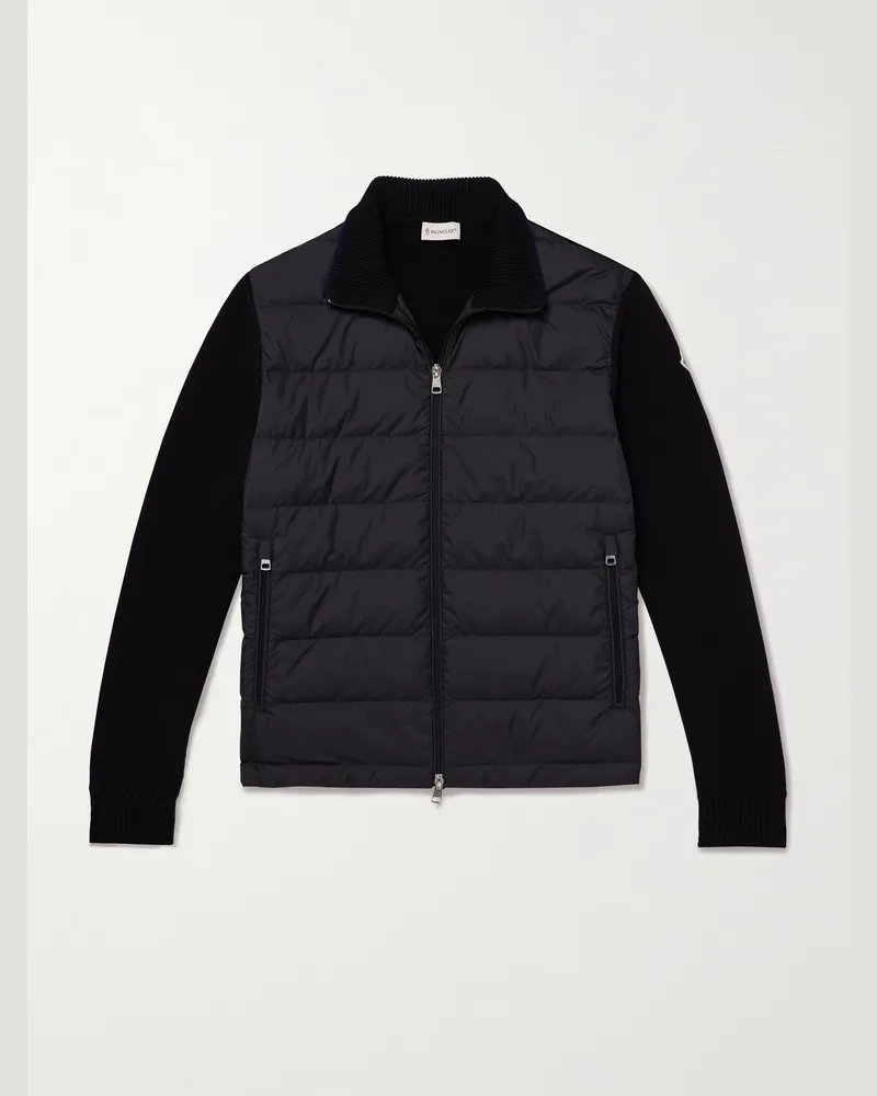 Moncler Cardigan aus Baumwolle und gestepptem Shell mit Daunenfüllung und Logoapplikation Schwarz