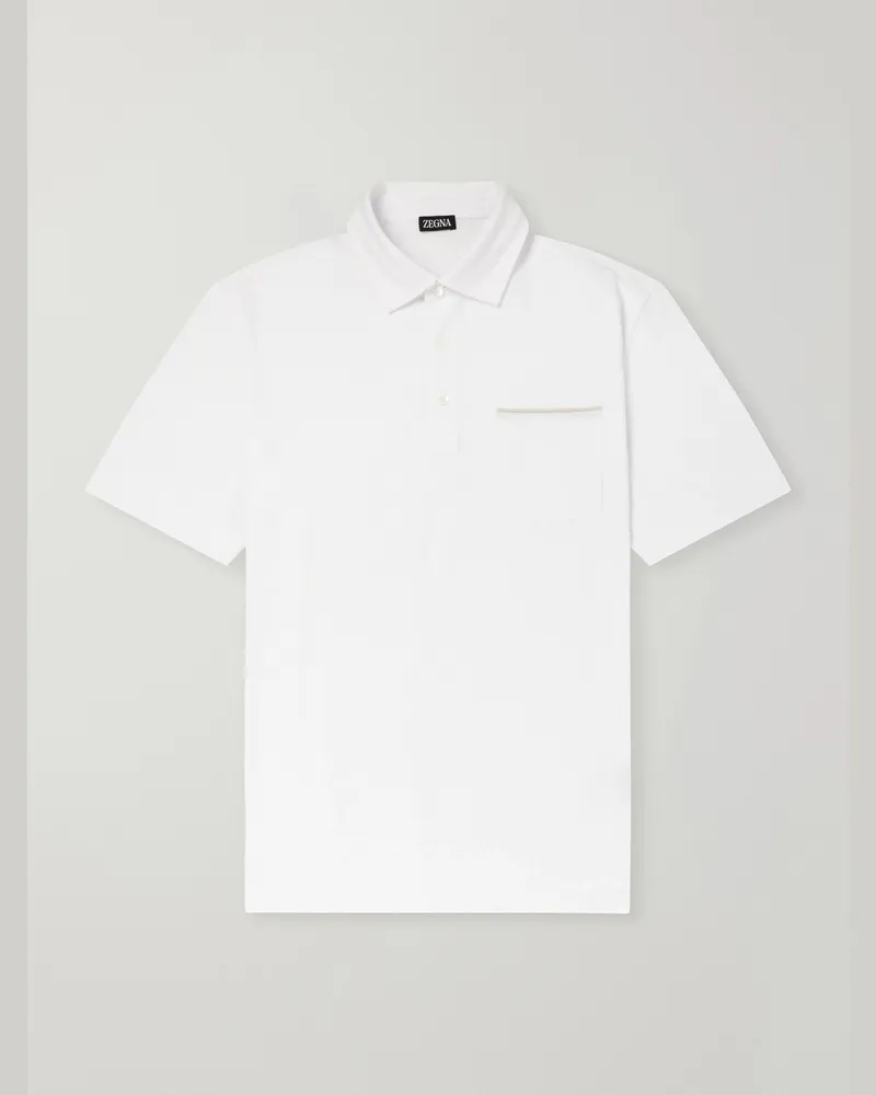 Ermenegildo Zegna Leather-Trimmed Cotton-Piqué Polo Shirt White