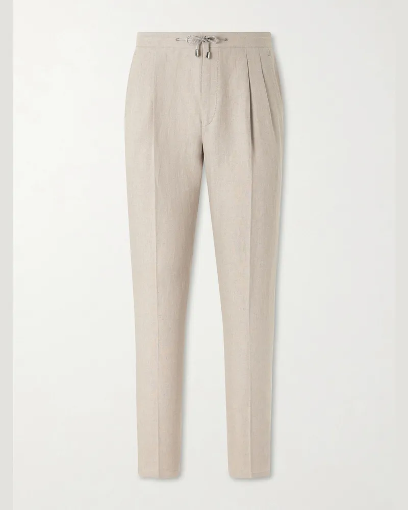 De Petrillo Straight-Leg Pleated Linen Suit Trousers Neutrals