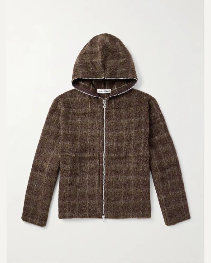 Our Legacy Kapuzenjacke aus gebürstetem Strick mit Karomuster und Reißverschluss Braun