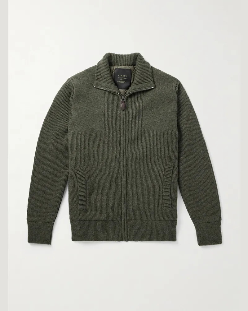 PURDEY Orkney Ribbed-Knit Wool Zip-Up Cardigan Green