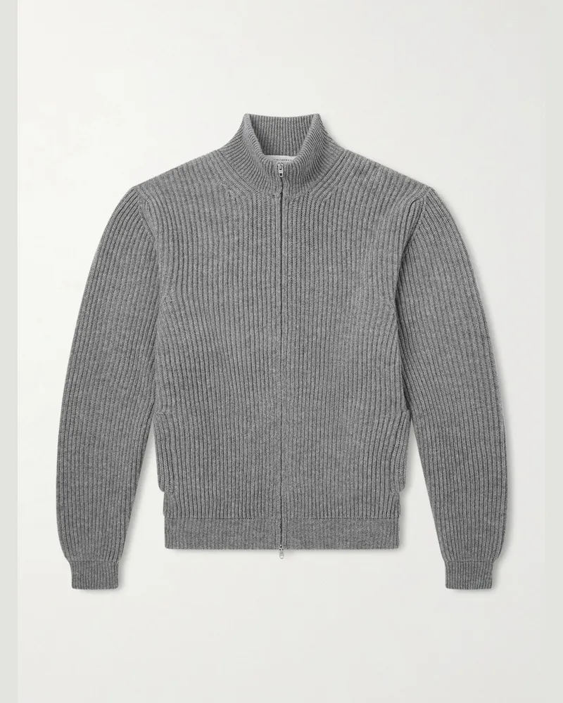 Umit Benan Matt Ribbed Cashmere Zip-Up Cardigan Gray