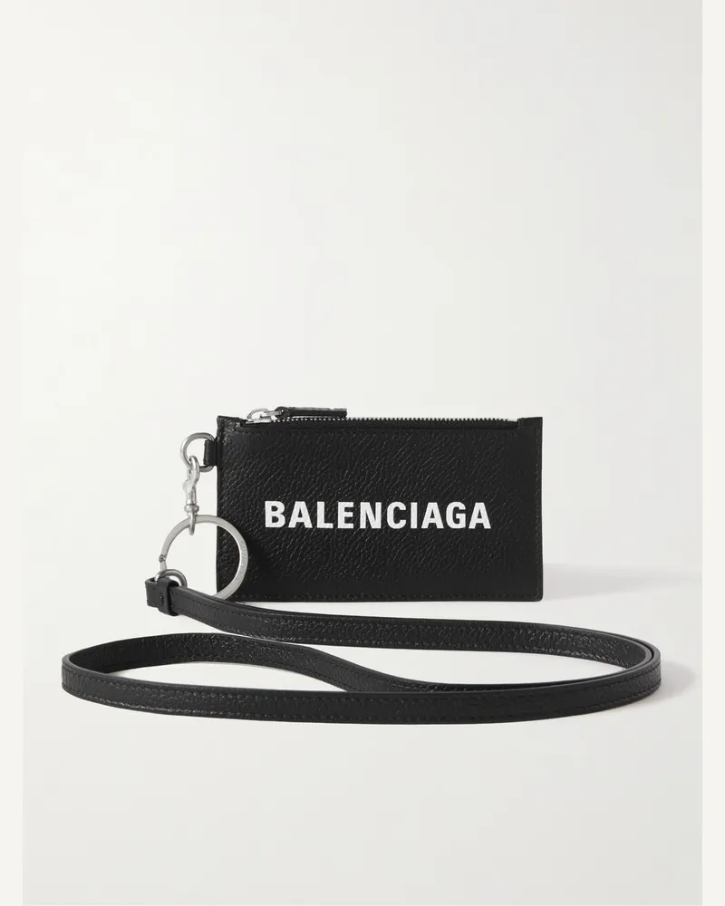 Balenciaga Logo-Print Full-Grain Leather Cardholder with Lanyard Black