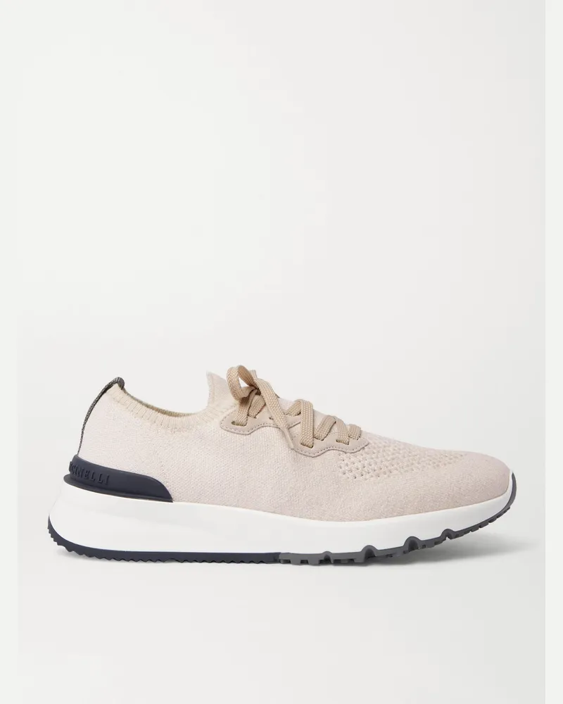 Brunello Cucinelli Sneakers aus Stretch-Strick mit Velourslederbesatz Weiß