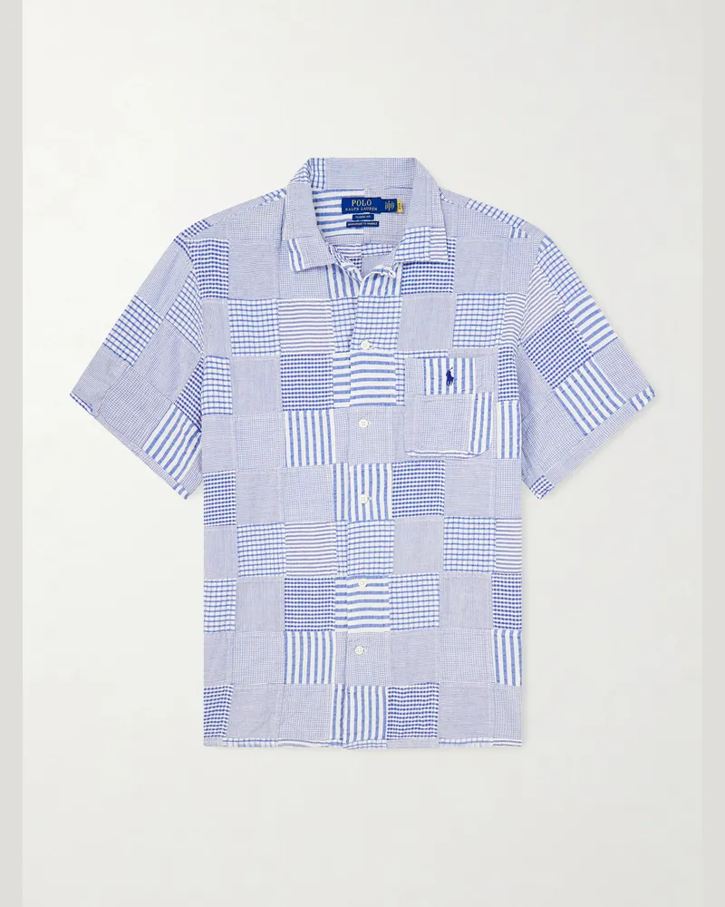 Ralph Lauren Convertible-Collar Logo-Embroidered Patchwork Cotton-Seersucker Shirt Blue