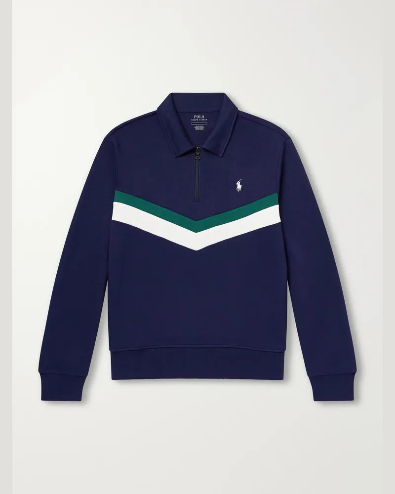 Ralph Lauren Striped Logo-Embroidered Cotton-Blend Piqué Sweatshirt Blue