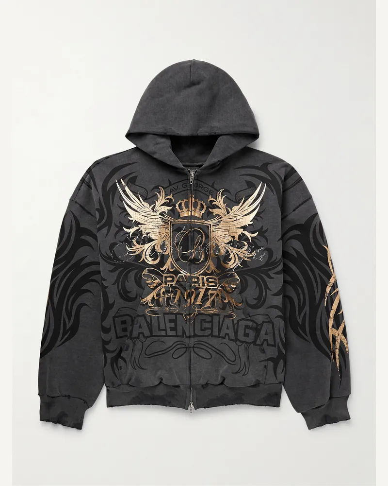 Balenciaga Tacky Kapuzenjacke aus Baumwoll-Jersey mit Reißverschluss, Verzierung und Logoprint in Metallic-Optik Schwarz
