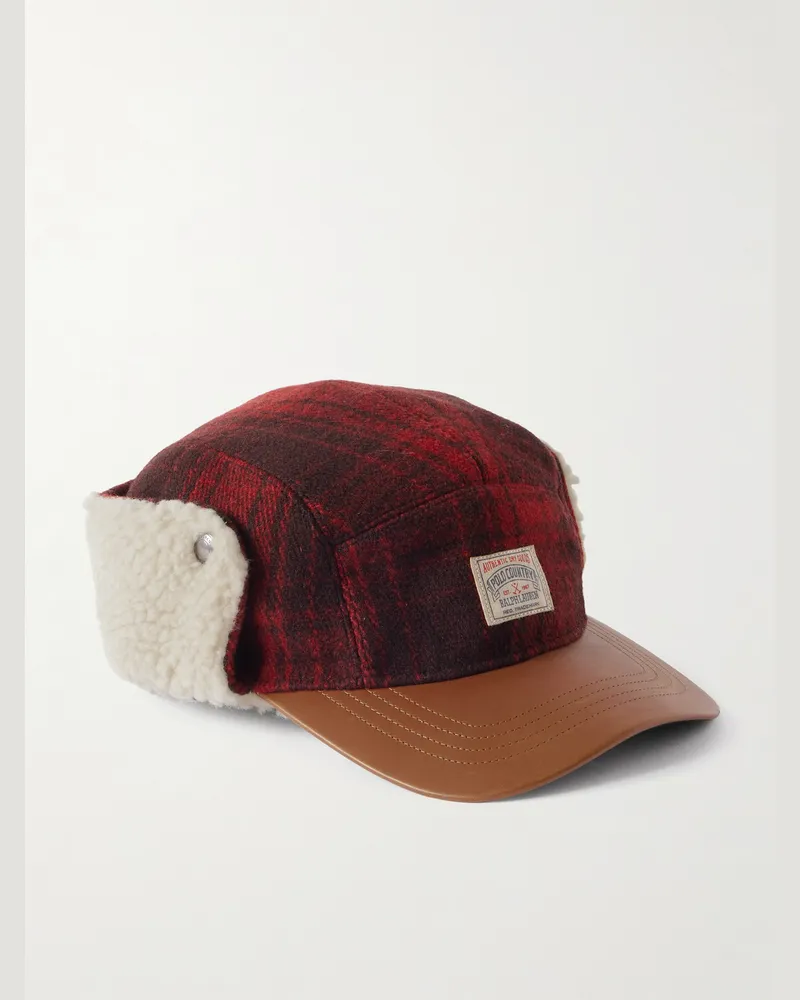 Ralph Lauren Polo Country Kappe aus kariertem Fleece und Wolle mit Lederbesatz und Logoapplikation Rot