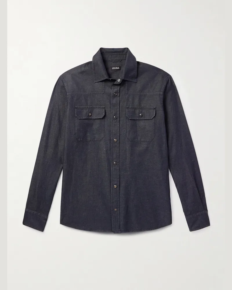 Ermenegildo Zegna Schmal geschnittenes Hemd aus Twill aus einer Baumwoll-Leinenmischung Schwarz