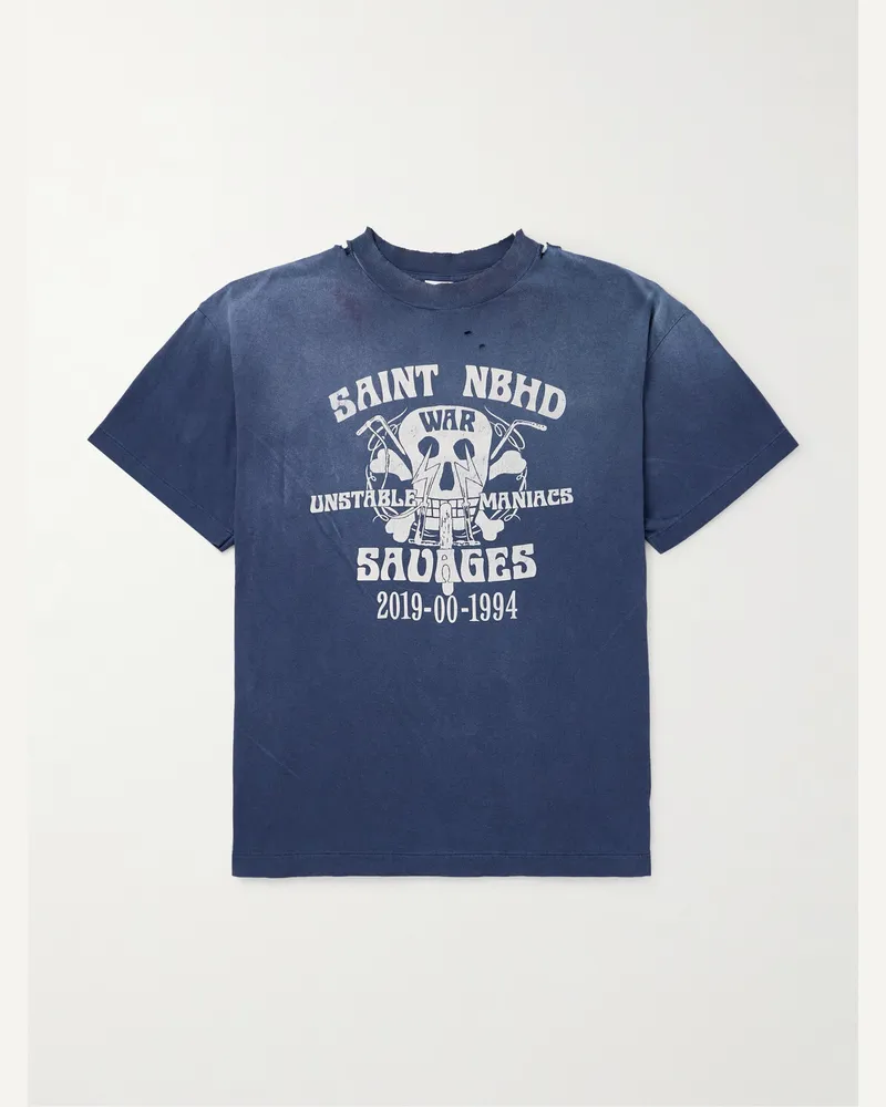 SAINT MXXXXXX Neighborhood T-Shirt aus Baumwoll-Jersey mit Logoprint in Distressed-Optik Blau