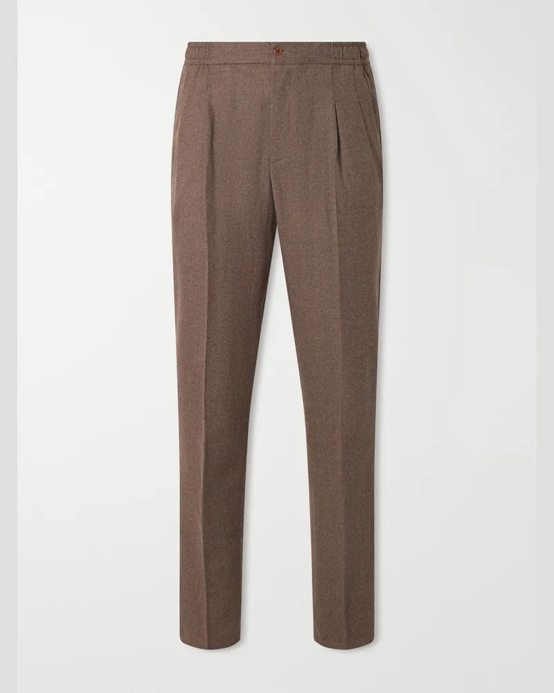 Rubinacci Convertible Tapered Drawstring Virgin Wool-Flannel Trousers Brown