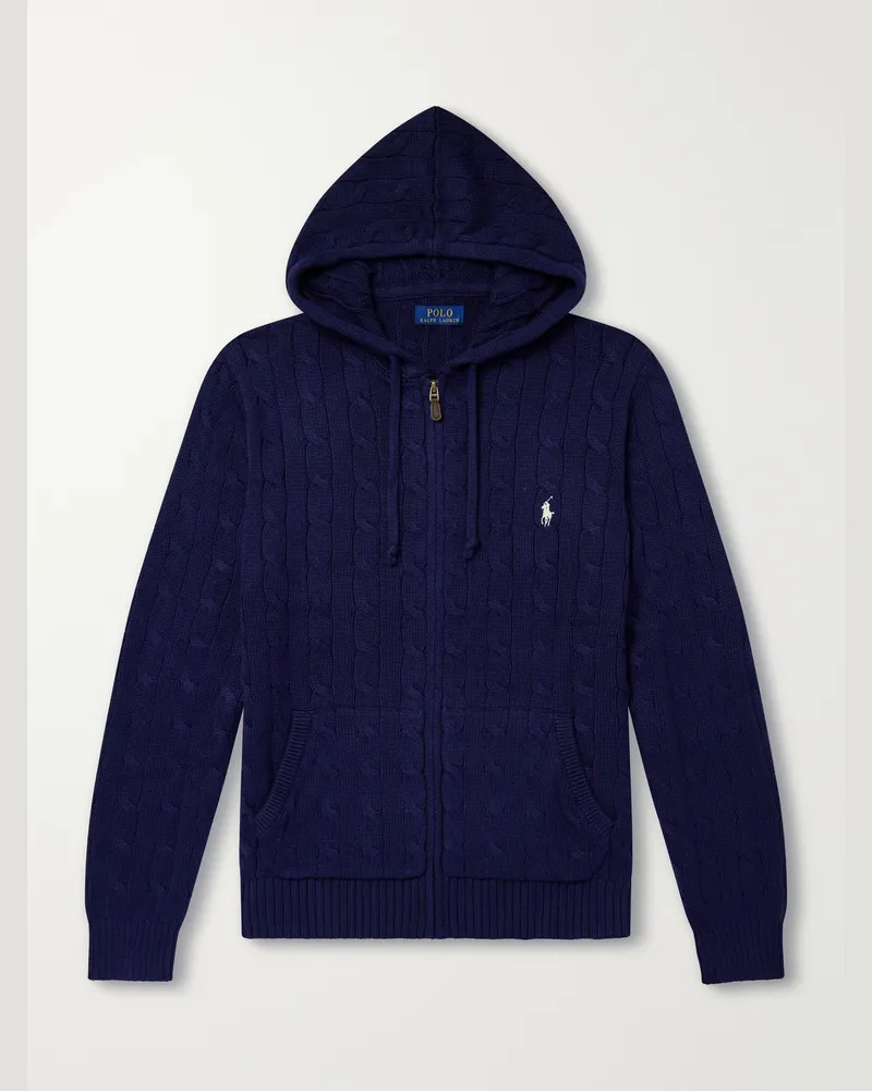 Ralph Lauren Logo-Embroidered Cable-Knit Cotton Zip-Up Hoodie Blue