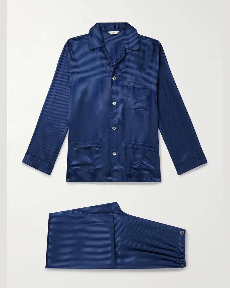 Derek Rose Woburn 8 Pyjama aus gestreiftem Seidensatin Blau