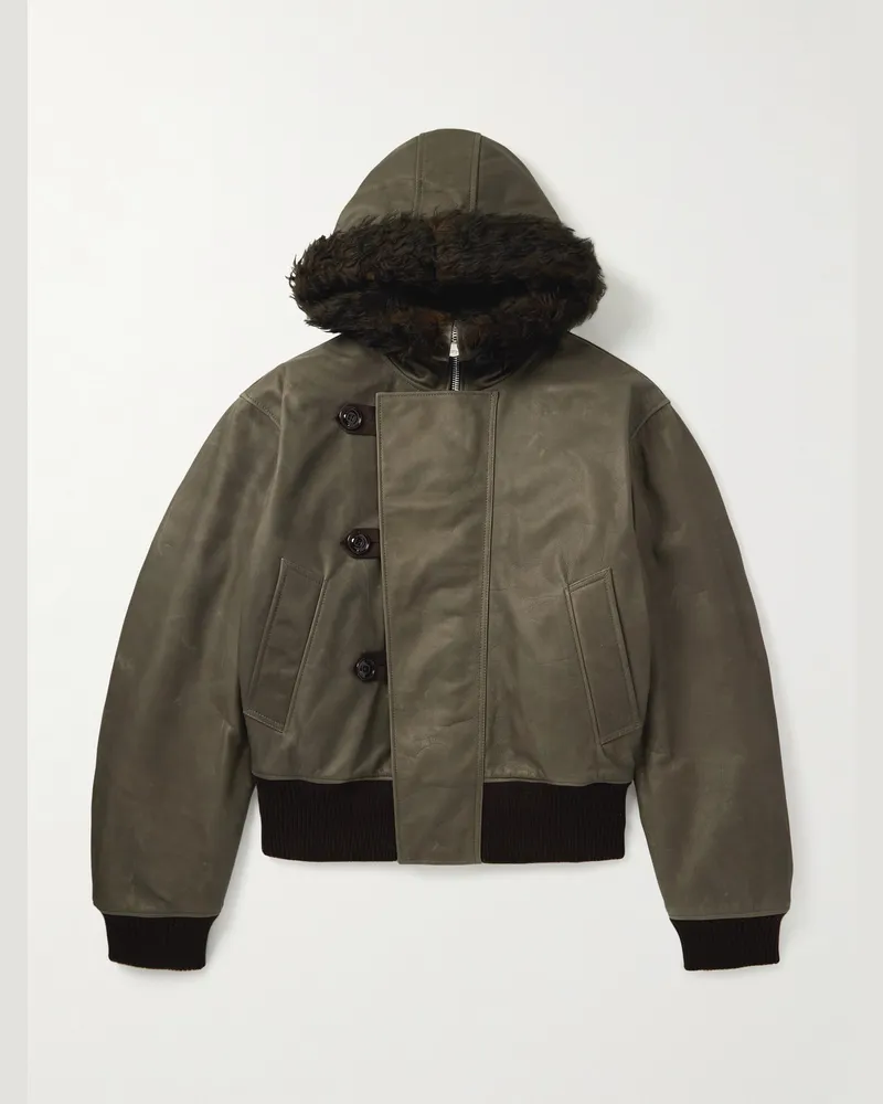 Our Legacy Compel Lederjacke mit Besatz aus Plüschmaterial Grün