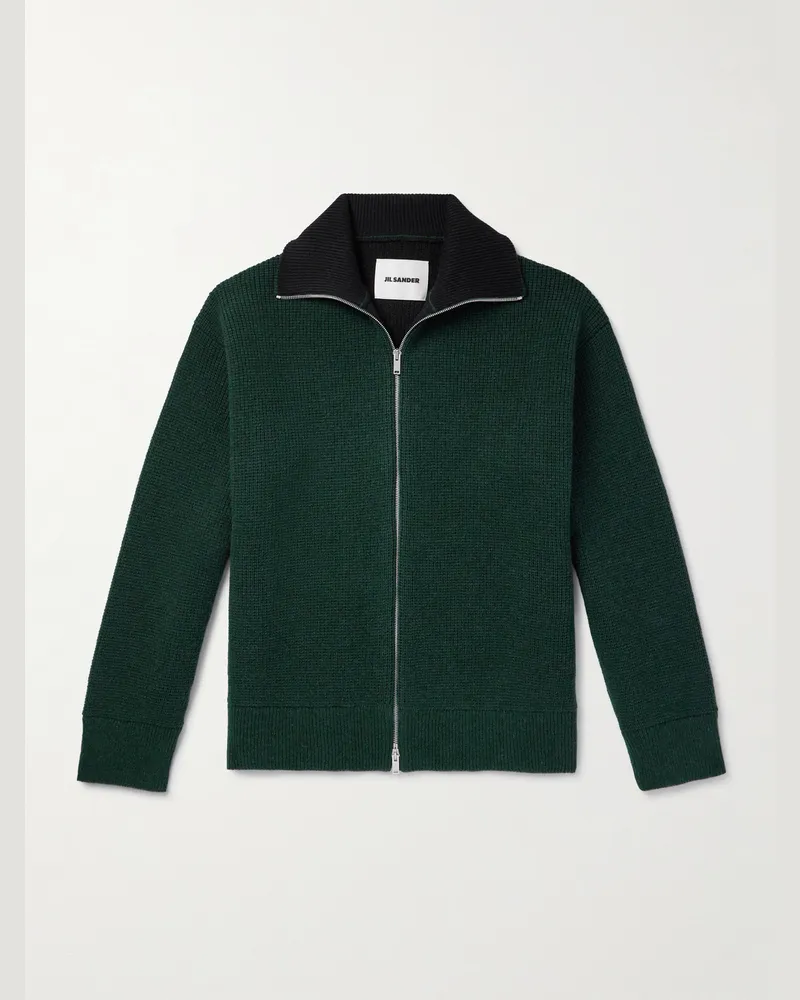 Jil Sander Cardigan aus einer doppelseitigen Woll-Kaschmirmischung in Rippstrick mit Reißverschluss Grün