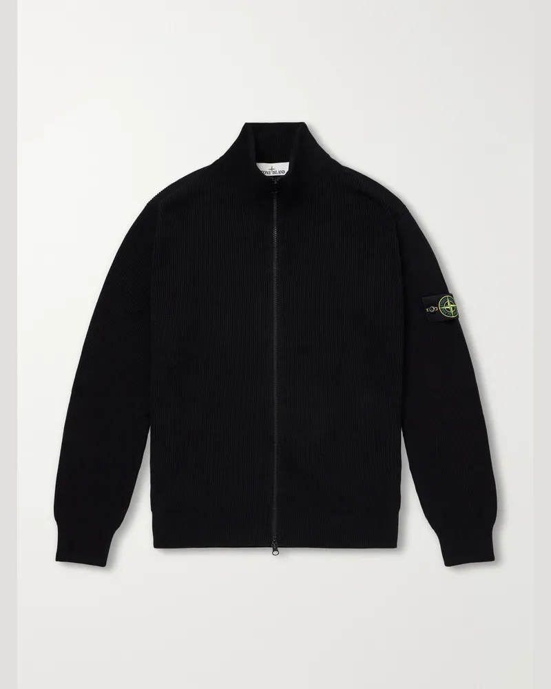Stone Island Ribbed Cotton Zip-Up Sweater Black