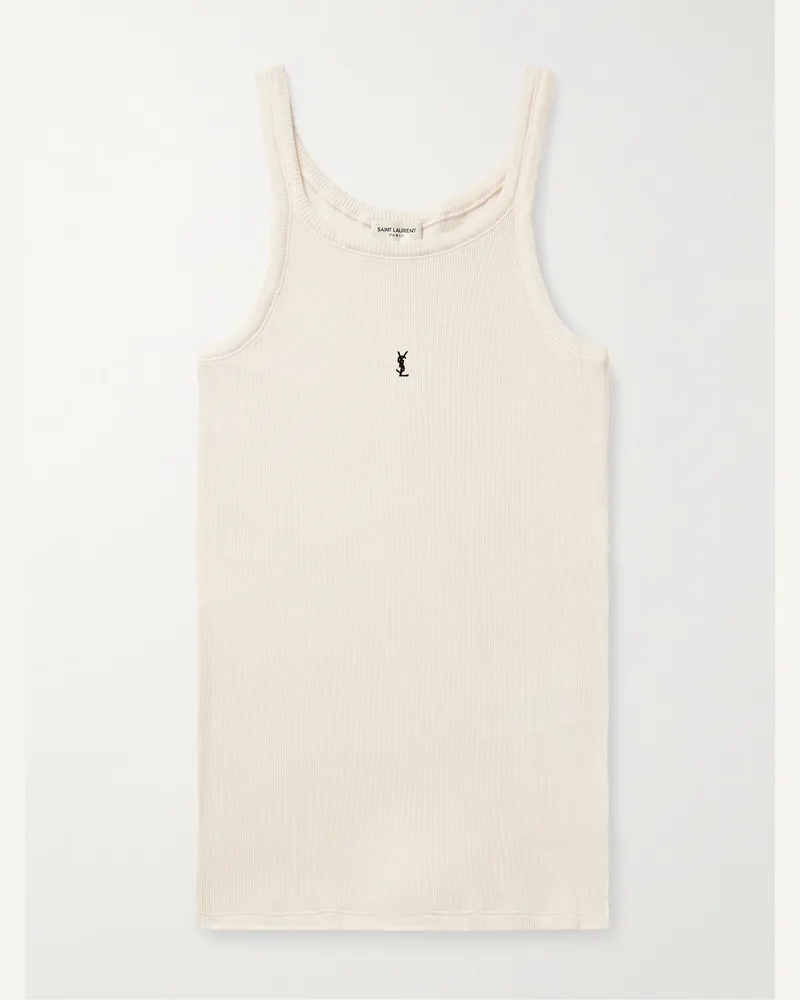Saint Laurent Slim-Fit Logo-Embroidered Ribbed Cotton-Jersey Tank Top Neutrals