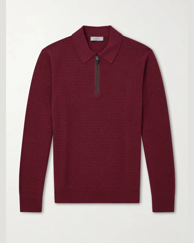 Canali Nubuck-Trimmed Wool and Cashmere-Blend Half-Zip Polo Sweater Red
