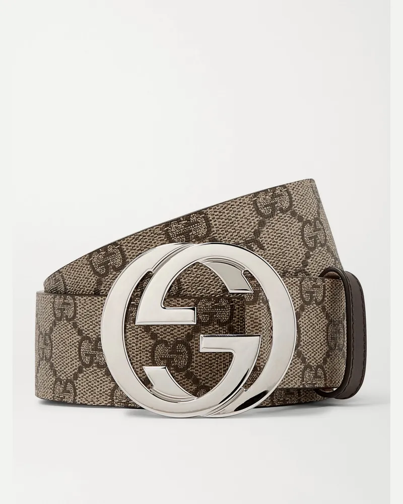 Gucci 4cm Leather-Trimmed Monogrammed Coated-Canvas Belt Brown