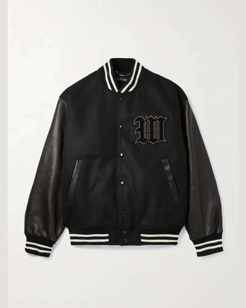 Wacko Maria Collegejacke aus einer Wollmischung und Leder mit Applikation und Streifen Schwarz