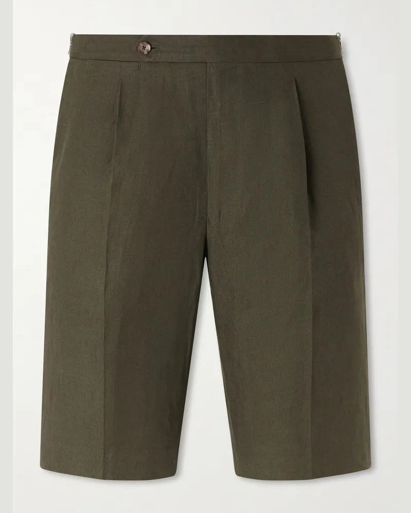 De Petrillo Straight-Leg Pleated Linen Shorts Green