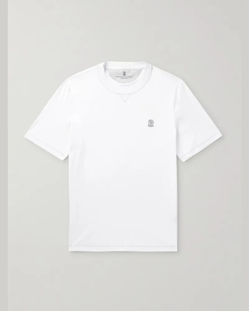 Brunello Cucinelli T-Shirt aus Baumwoll-Jersey mit Logostickerei Weiß