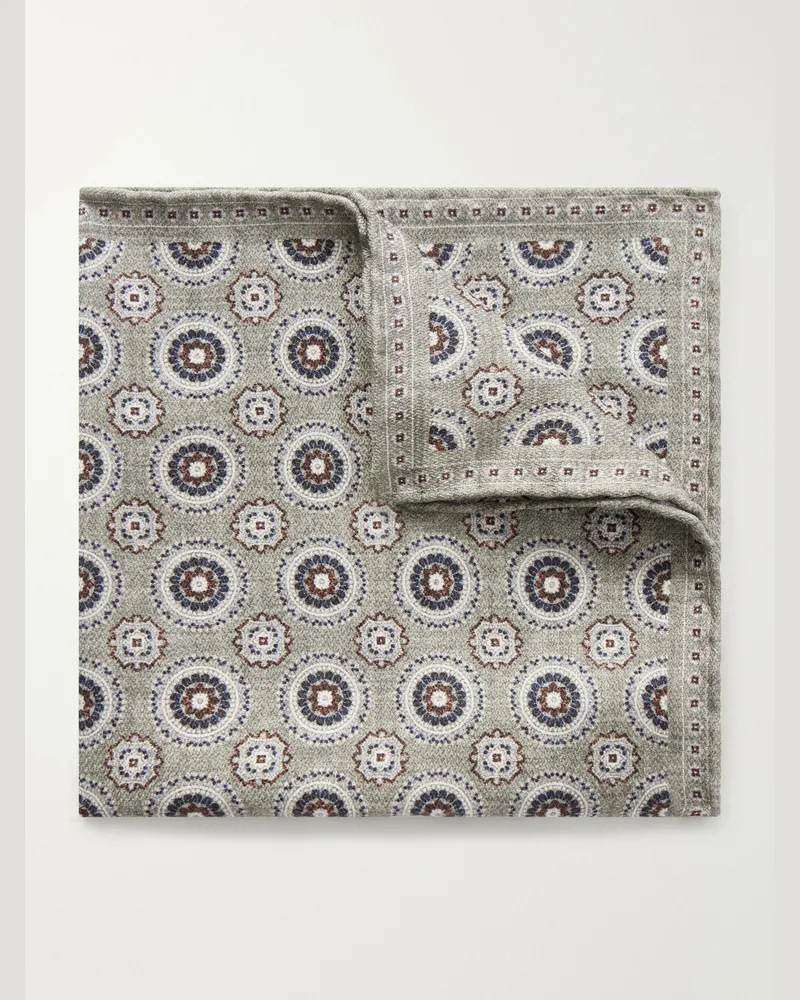 Brunello Cucinelli Printed Silk Pocket Square Green