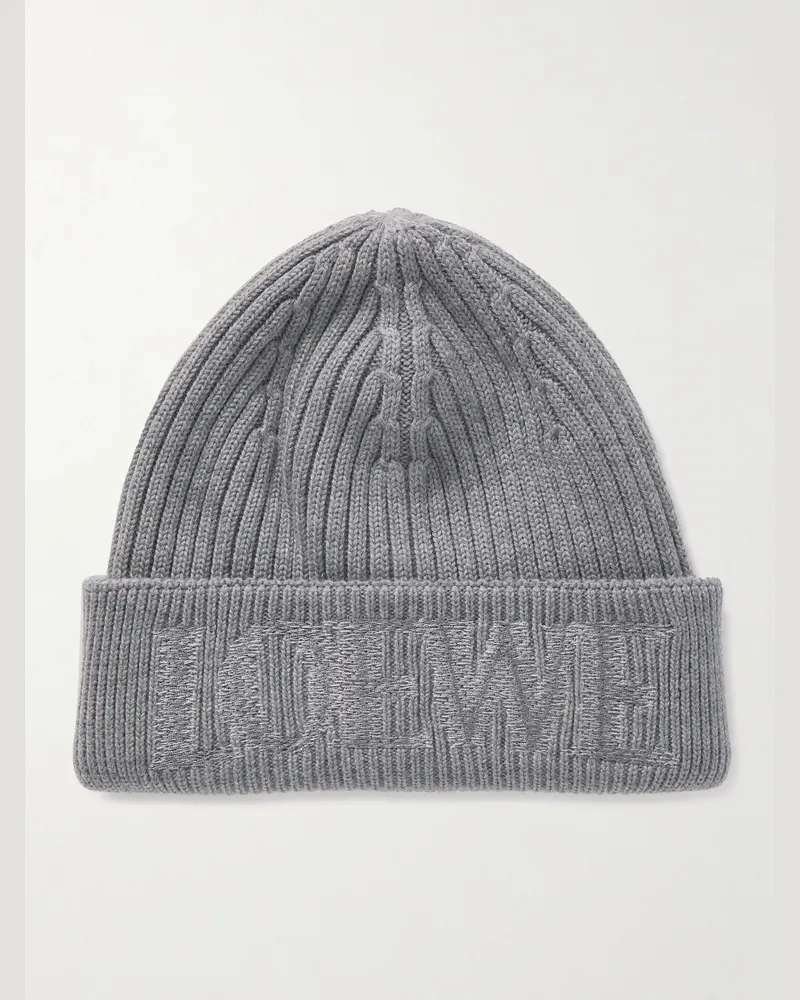 Loewe Logo-Embroidered Ribbed Wool Beanie Gray